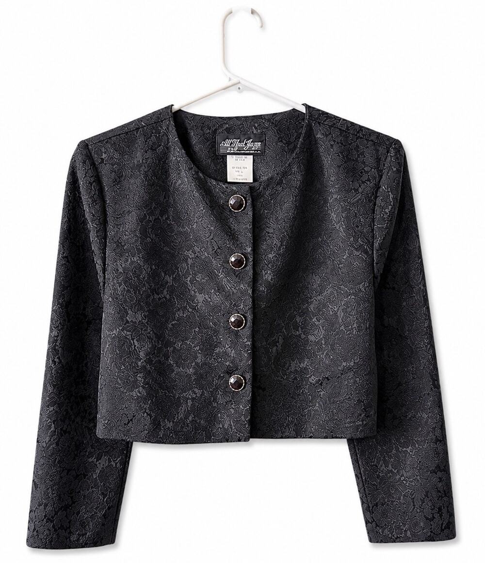 Vintage Black Jacquard Cropped Evening Jacket Floral Brocade Minimalist 90s Sz S